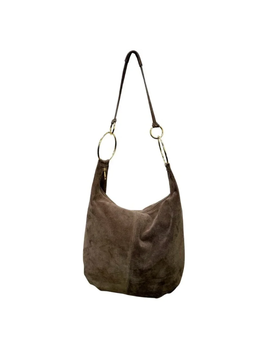 Marlon Brown Suede Hobo Bag With Gold Ring Accents